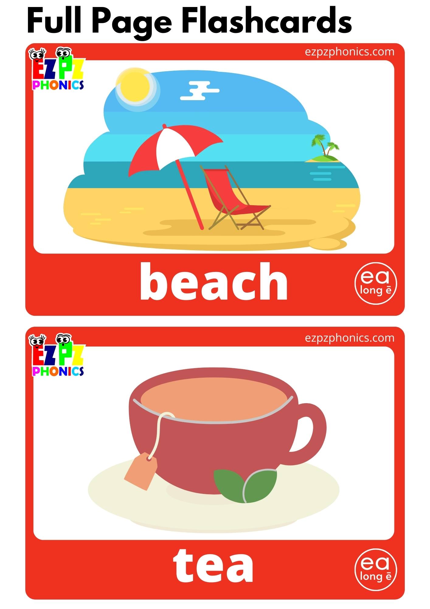 Ea words list long e vowel sounds flashcards with images and words free